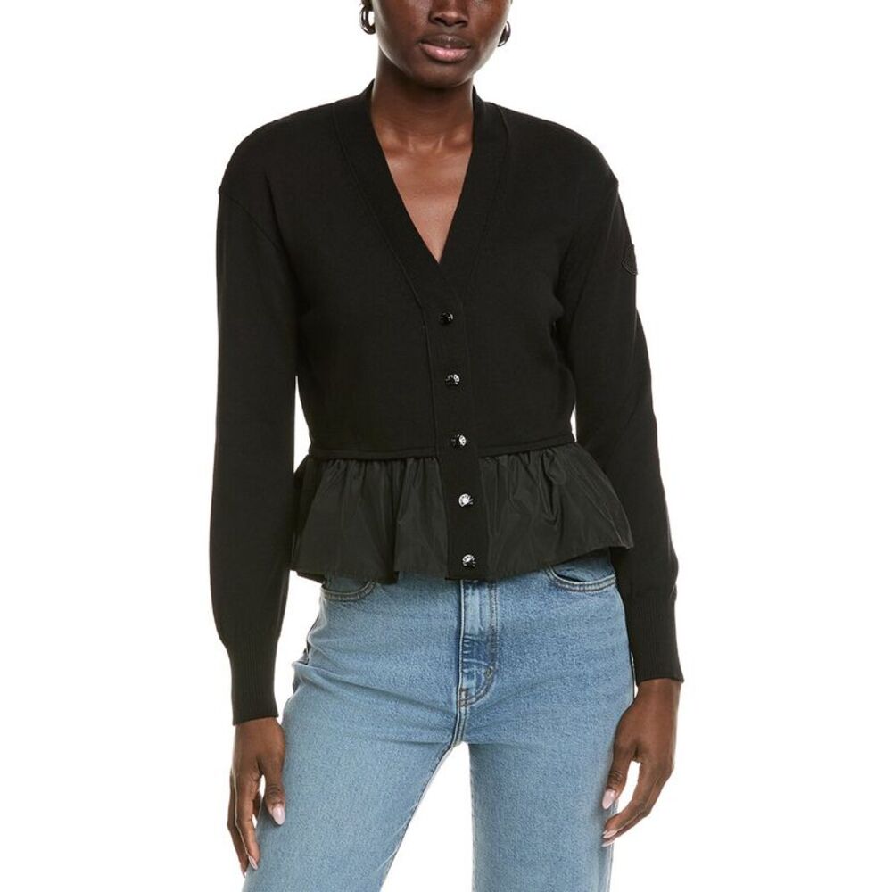 Moncler Womens  Peplum Cashmere & Silk-Blend Cardigan, Black